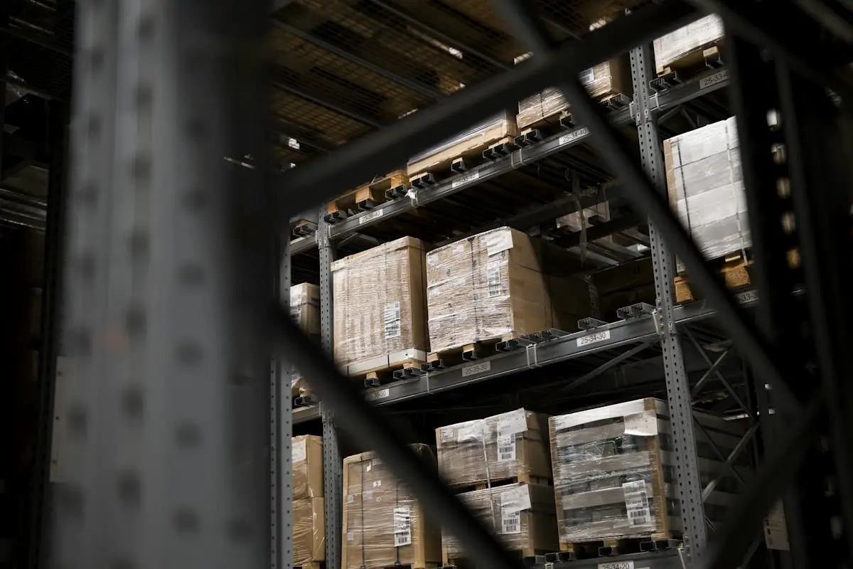 Pallets of boxed goods on warehouse racking